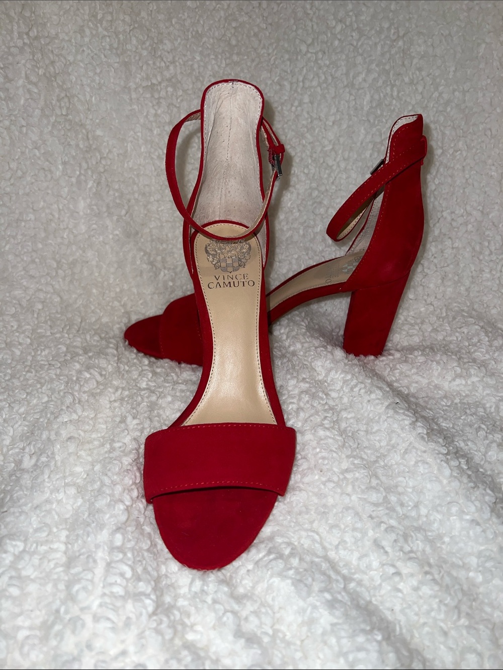 Vince Camuto Red Suede Block Heel Sandals with Ankle Strap